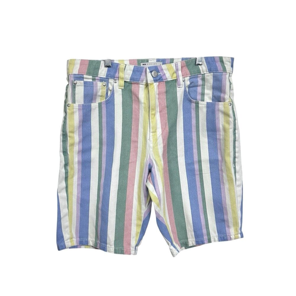 ASOS Design Men's Sz 32 Regular Vertical Striped Pastel Blue Pink White Shorts